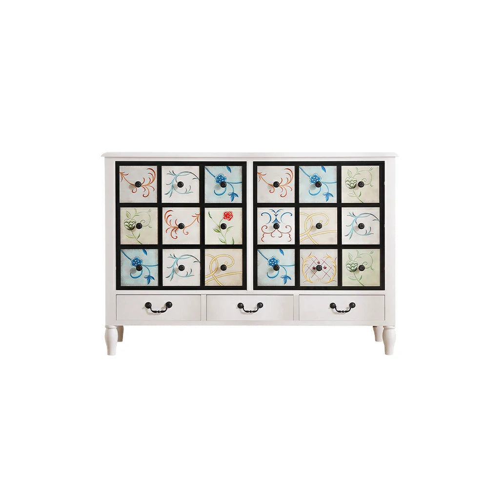 LIVARA American Vintage Storage Cabinet - Solid Wood Painted 9-Drawer Chest with 18 Panels - 120cm Entryway Cabinet - White