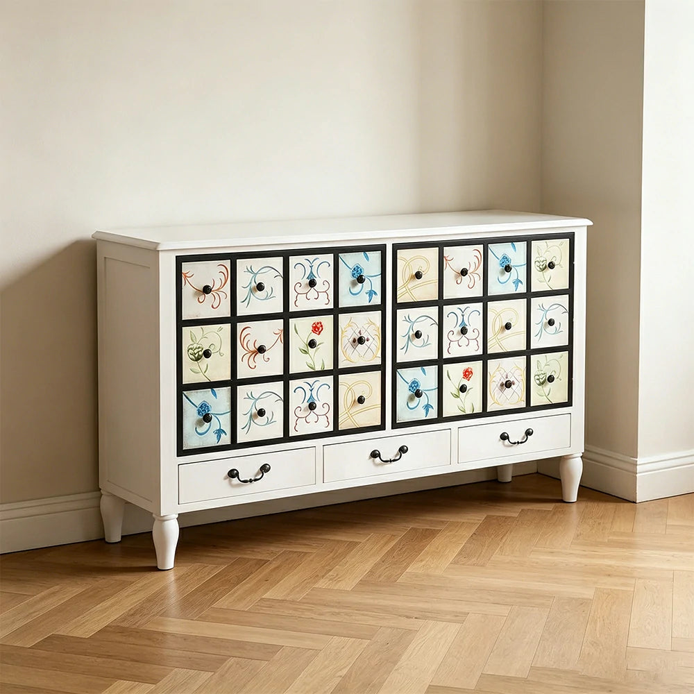 LIVARA American Vintage Storage Cabinet - Solid Wood Painted 9-Drawer Chest with 24 Panels - 140cm Entryway Cabinet - White