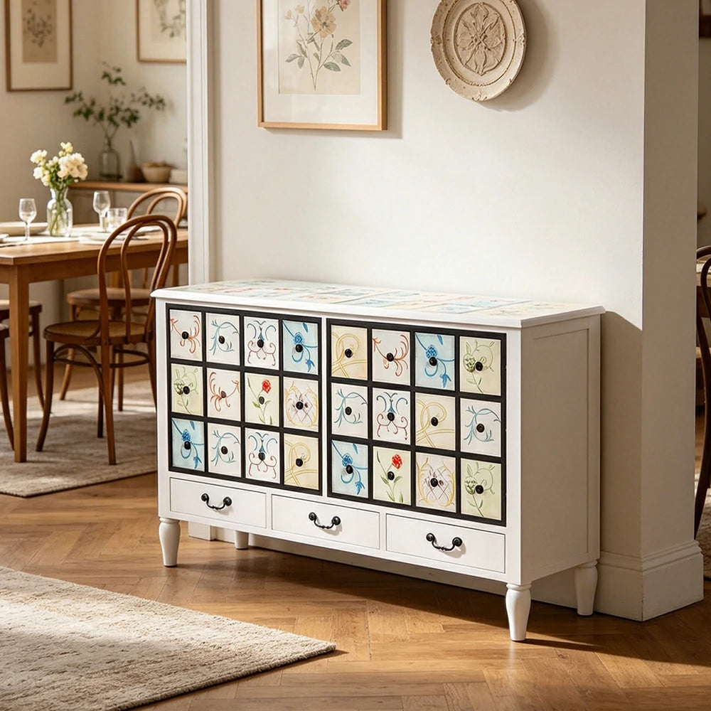 LIVARA American Vintage Storage Cabinet - Solid Wood Painted 9-Drawer Chest with 24 Panels - 140cm Entryway Cabinet - White