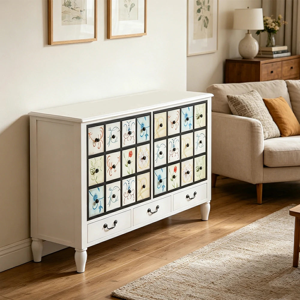 LIVARA American Vintage Storage Cabinet - Solid Wood Painted 9-Drawer Chest with 24 Panels - 140cm Entryway Cabinet - White