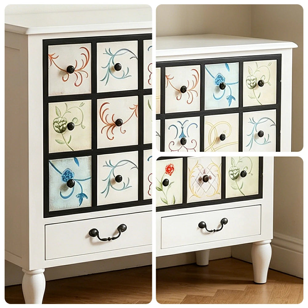 LIVARA American Vintage Storage Cabinet - Solid Wood Painted 9-Drawer Chest with 24 Panels - 140cm Entryway Cabinet - White