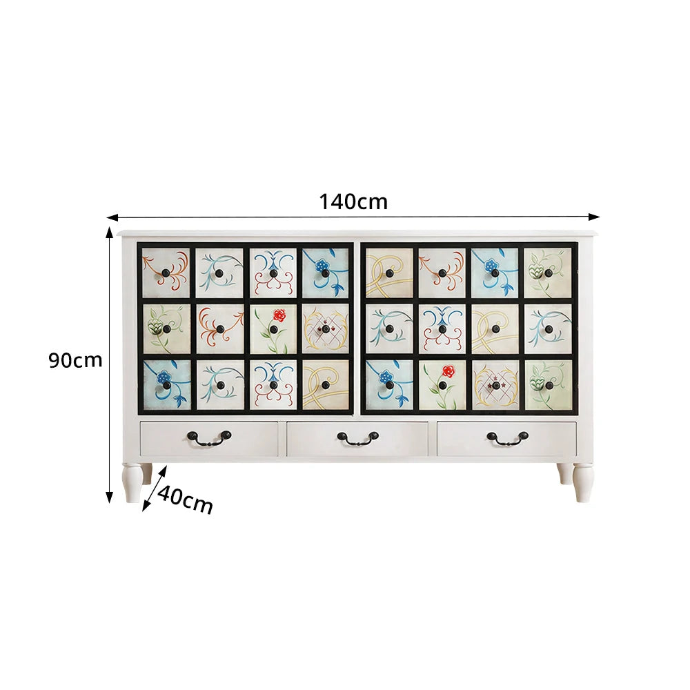 LIVARA American Vintage Storage Cabinet - Solid Wood Painted 9-Drawer Chest with 24 Panels - 140cm Entryway Cabinet - White
