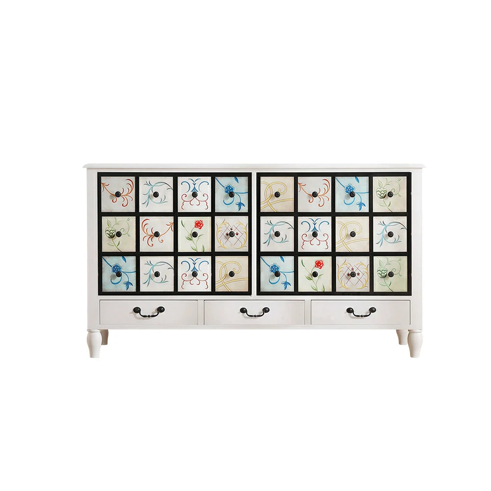 LIVARA American Vintage Storage Cabinet - Solid Wood Painted 9-Drawer Chest with 24 Panels - 140cm Entryway Cabinet - White
