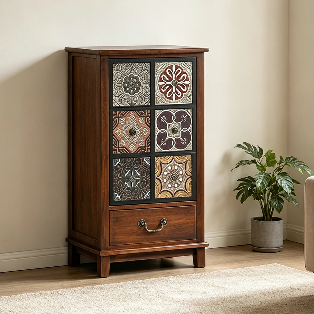 LIVARA American Vintage Storage Cabinet - Solid Wood Painted Drawer Chest with Slim Design - 83cm Entryway Side Cabinet - Chestnut