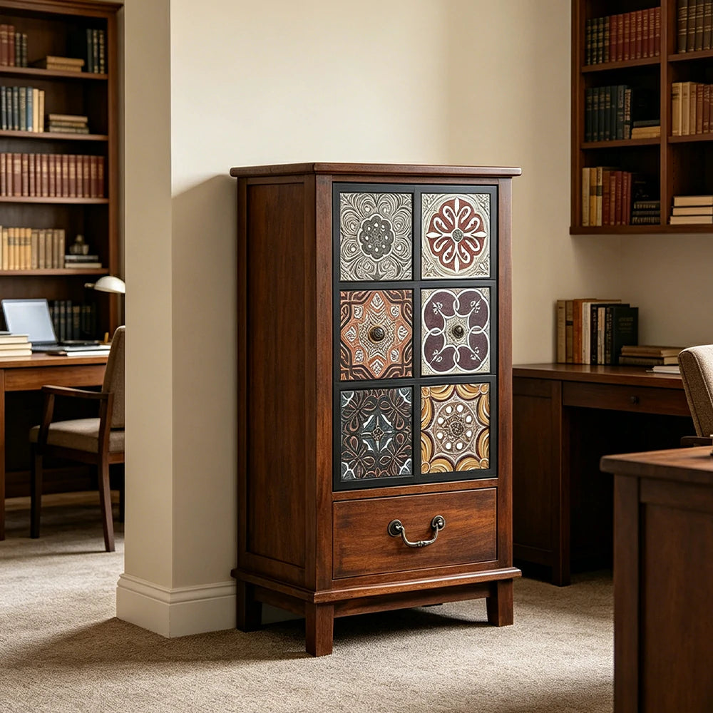 LIVARA American Vintage Storage Cabinet - Solid Wood Painted Drawer Chest with Slim Design - 83cm Entryway Side Cabinet - Chestnut