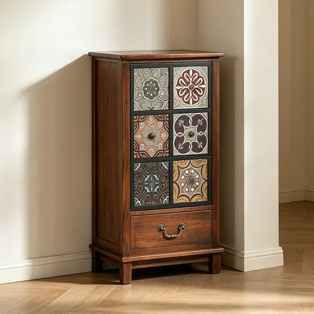 LIVARA American Vintage Storage Cabinet - Solid Wood Painted Drawer Chest with Slim Design - 83cm Entryway Side Cabinet - Chestnut