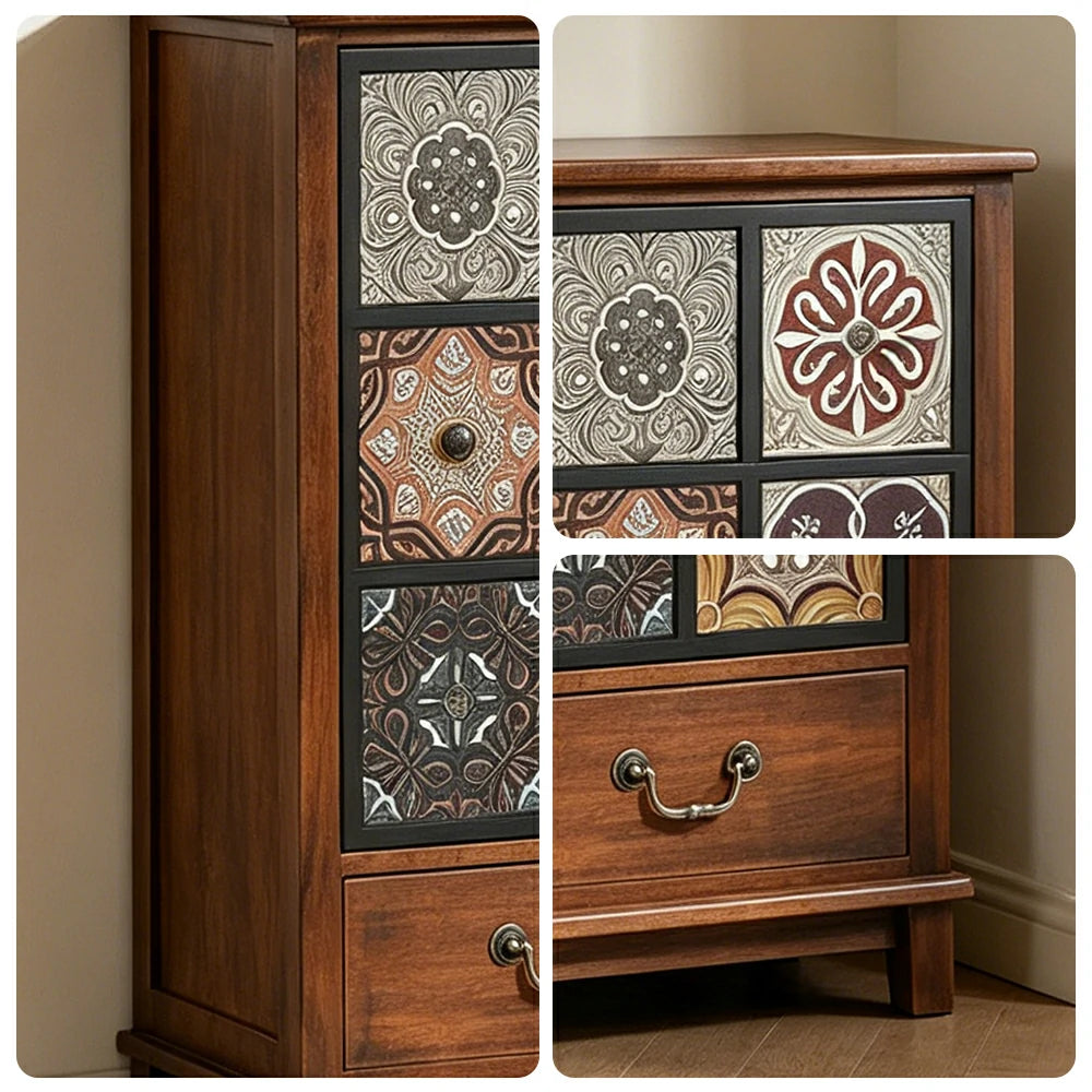 LIVARA American Vintage Storage Cabinet - Solid Wood Painted Drawer Chest with Slim Design - 83cm Entryway Side Cabinet - Chestnut