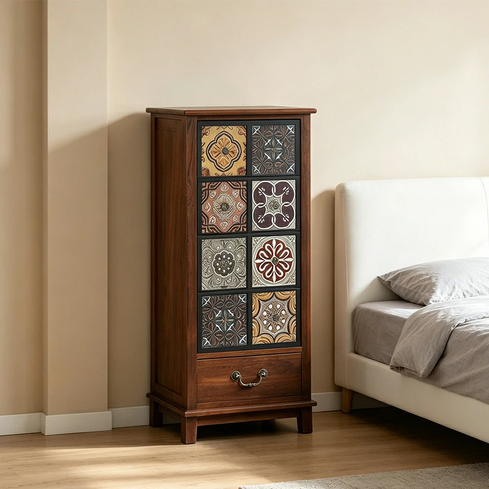 LIVARA American Vintage Storage Cabinet - Solid Wood Painted Drawer Chest with Slim Design - 101cm Entryway Side Cabinet - Chestnut