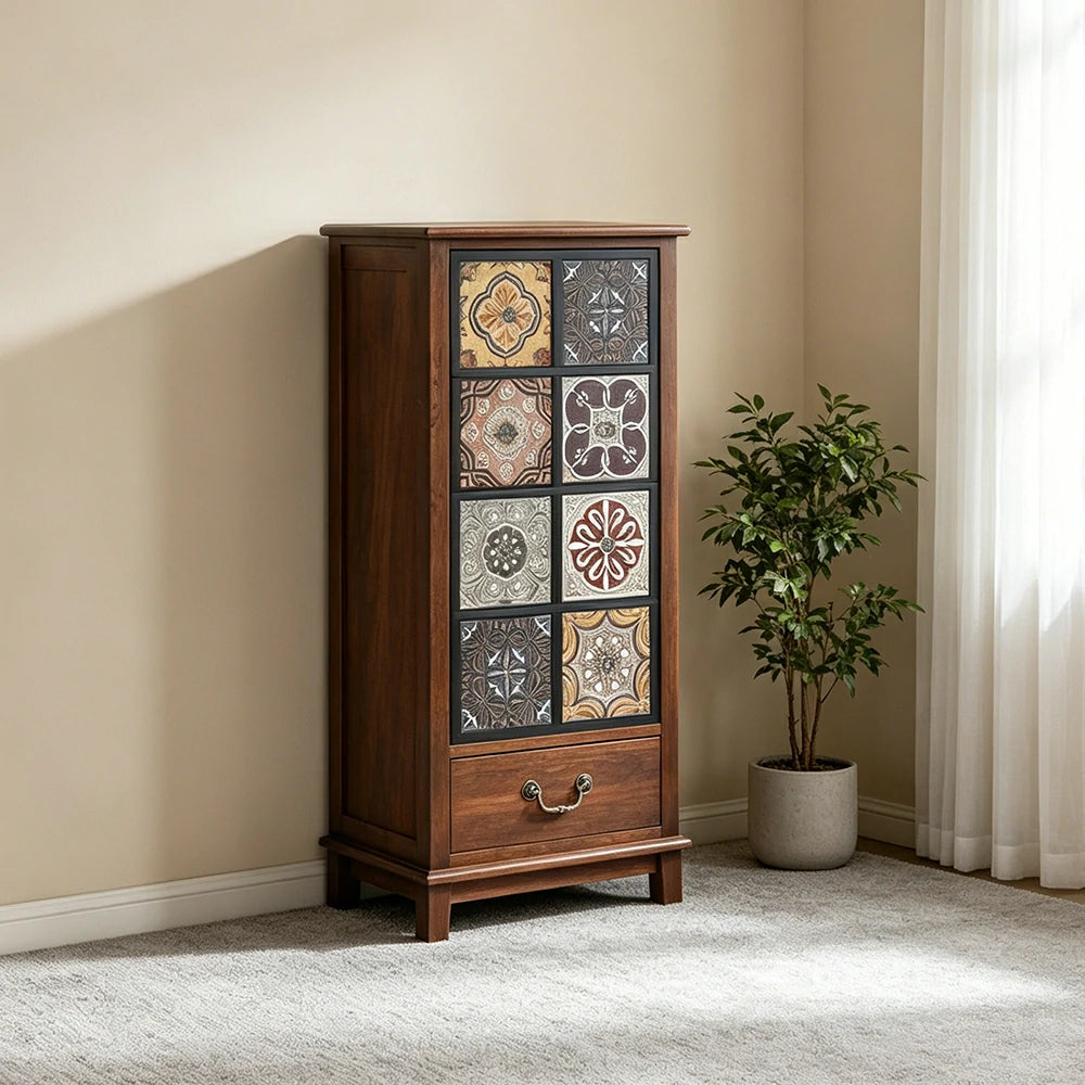 LIVARA American Vintage Storage Cabinet - Solid Wood Painted Drawer Chest with Slim Design - 101cm Entryway Side Cabinet - Chestnut
