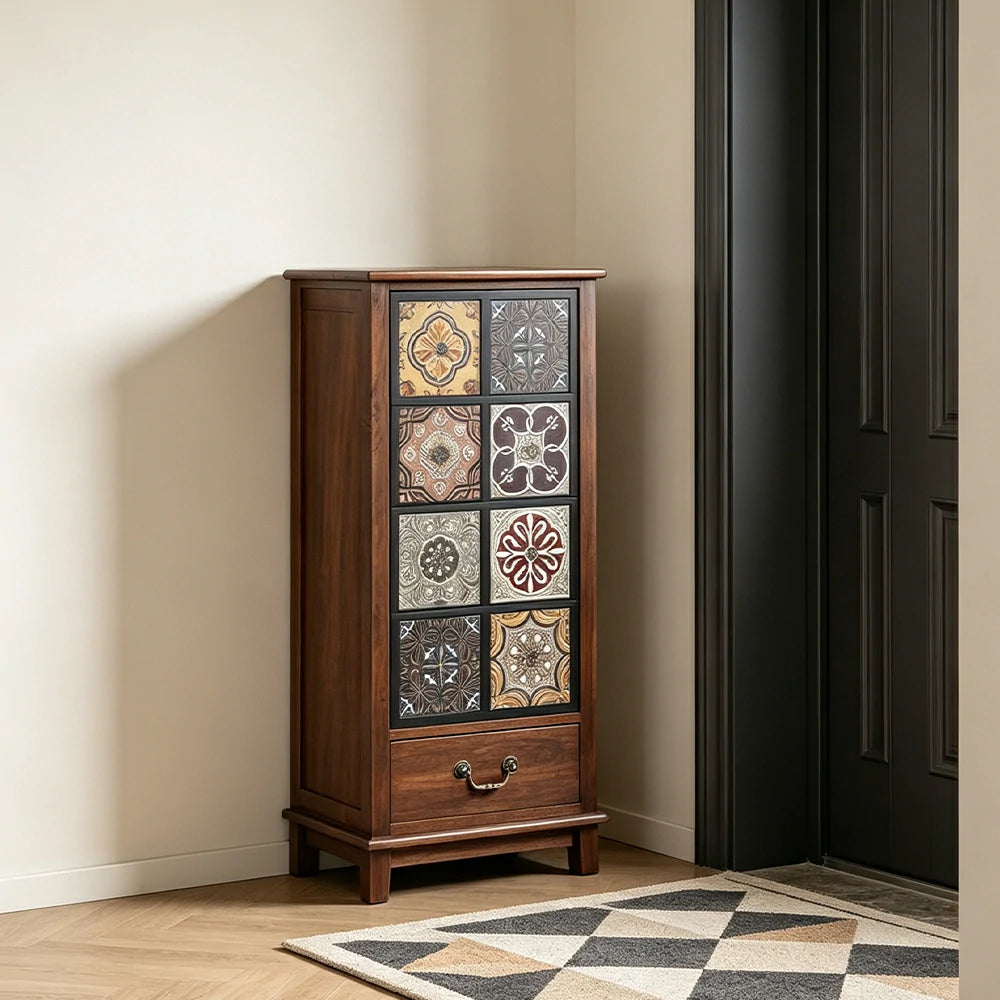 LIVARA American Vintage Storage Cabinet - Solid Wood Painted Drawer Chest with Slim Design - 101cm Entryway Side Cabinet - Chestnut