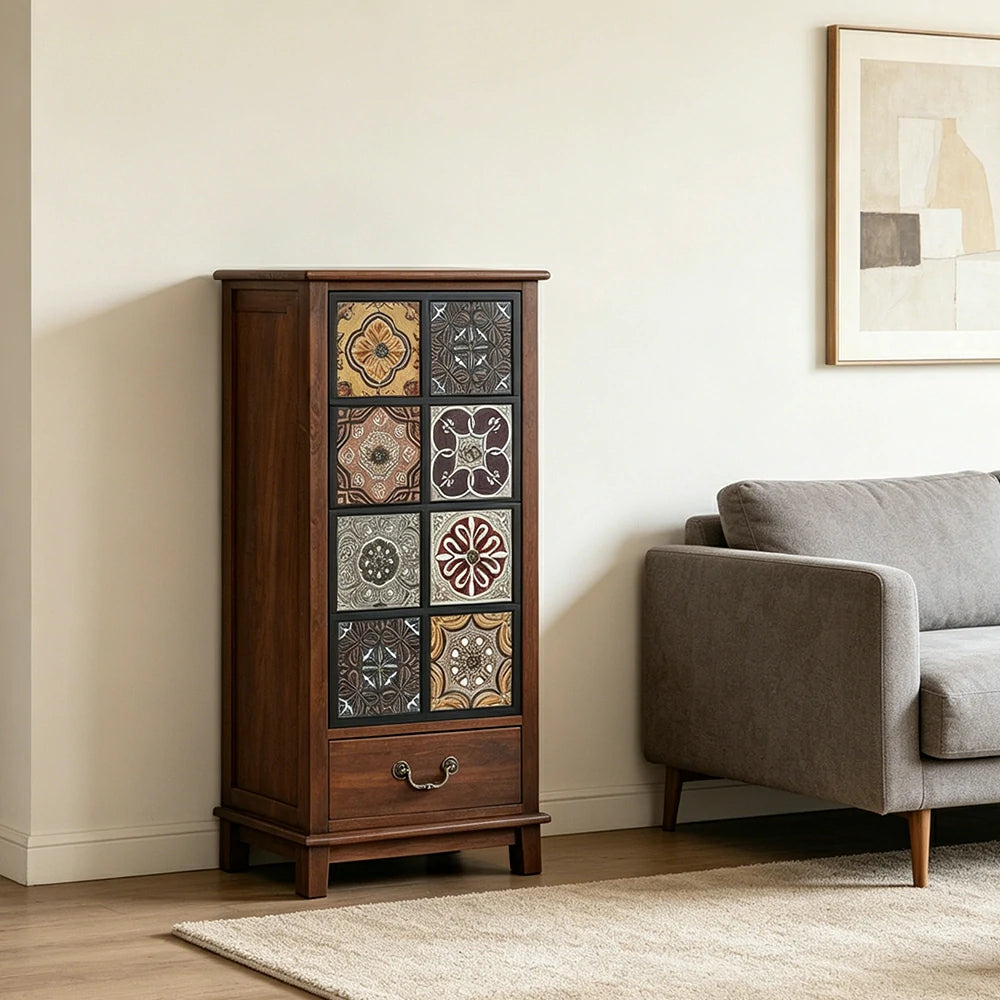 LIVARA American Vintage Storage Cabinet - Solid Wood Painted Drawer Chest with Slim Design - 101cm Entryway Side Cabinet - Chestnut