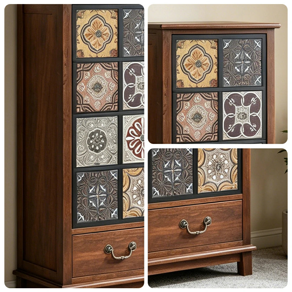 LIVARA American Vintage Storage Cabinet - Solid Wood Painted Drawer Chest with Slim Design - 101cm Entryway Side Cabinet - Chestnut