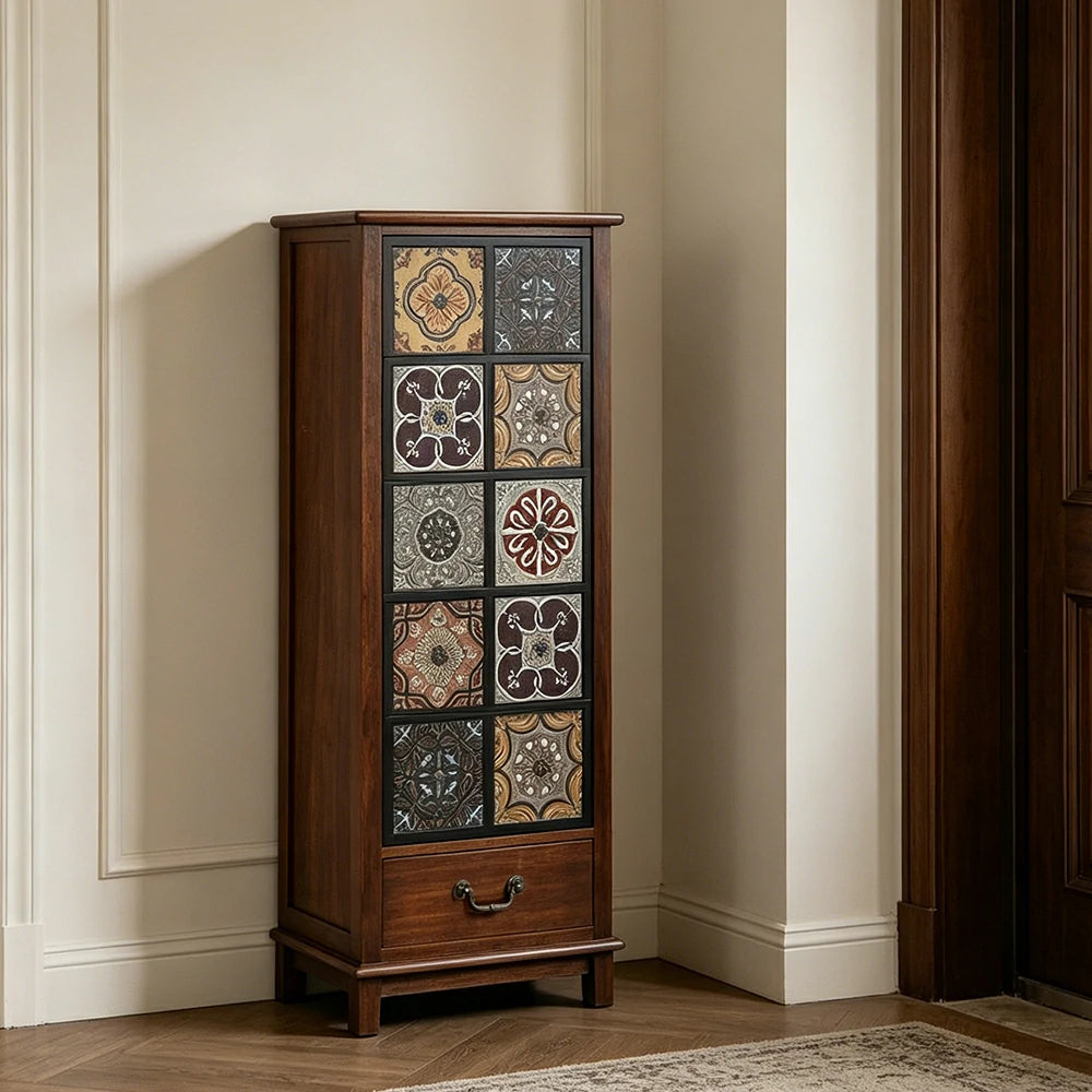 LIVARA American Vintage Storage Cabinet - Solid Wood Painted Drawer Chest with Slim Design - 118cm Entryway Side Cabinet - Chestnut