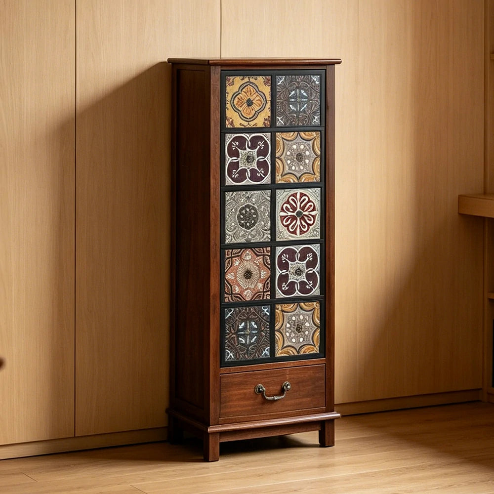 LIVARA American Vintage Storage Cabinet - Solid Wood Painted Drawer Chest with Slim Design - 118cm Entryway Side Cabinet - Chestnut