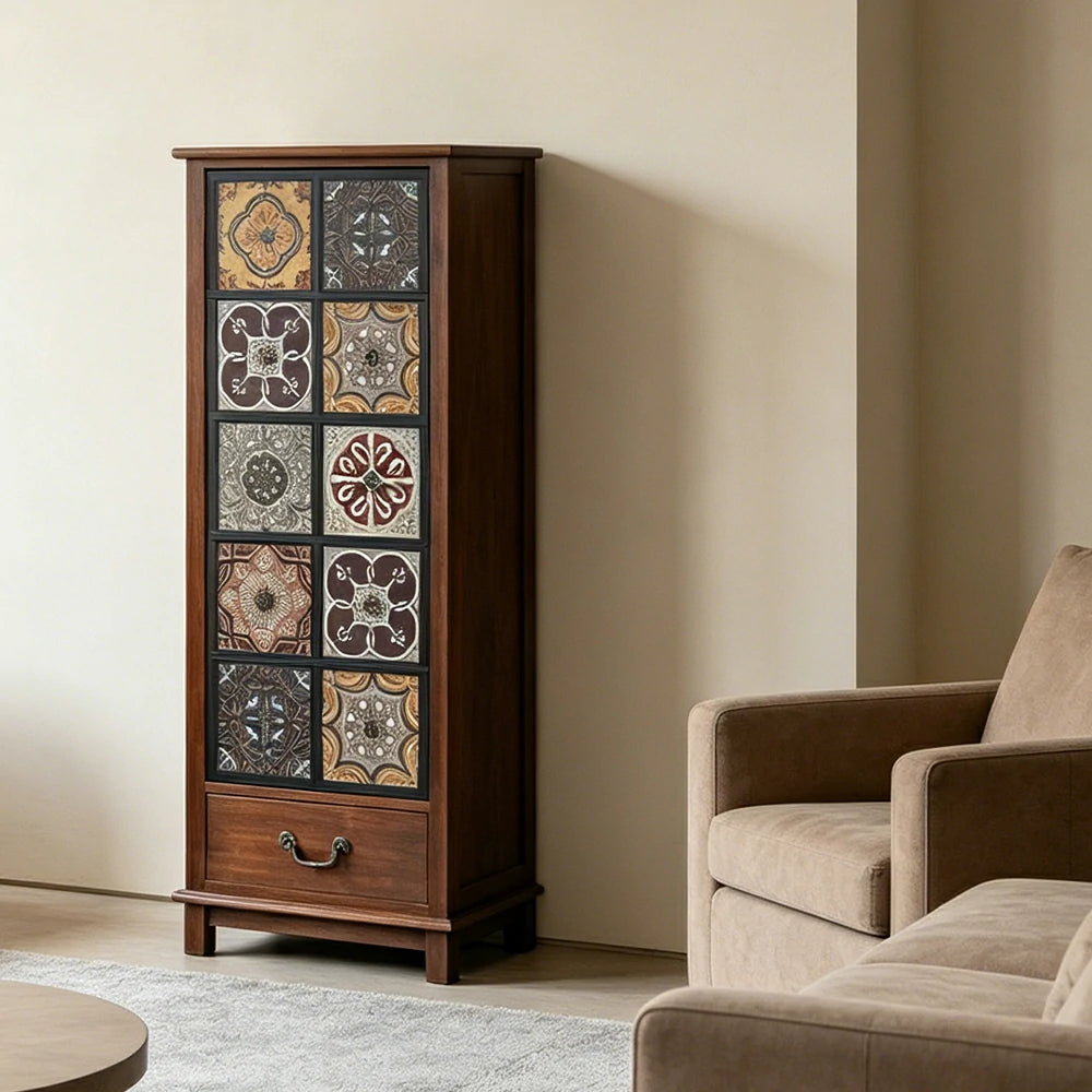 LIVARA American Vintage Storage Cabinet - Solid Wood Painted Drawer Chest with Slim Design - 118cm Entryway Side Cabinet - Chestnut