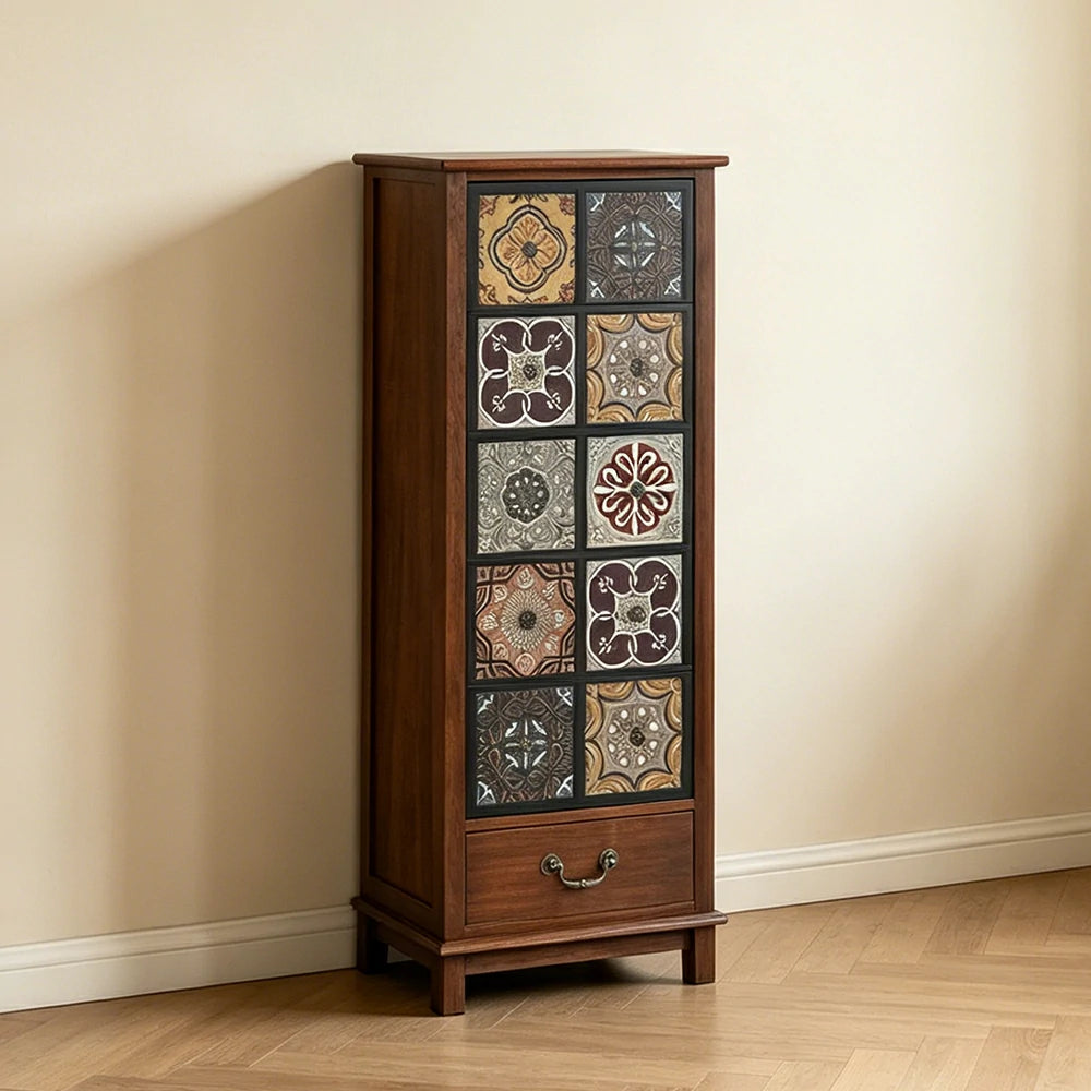 LIVARA American Vintage Storage Cabinet - Solid Wood Painted Drawer Chest with Slim Design - 118cm Entryway Side Cabinet - Chestnut