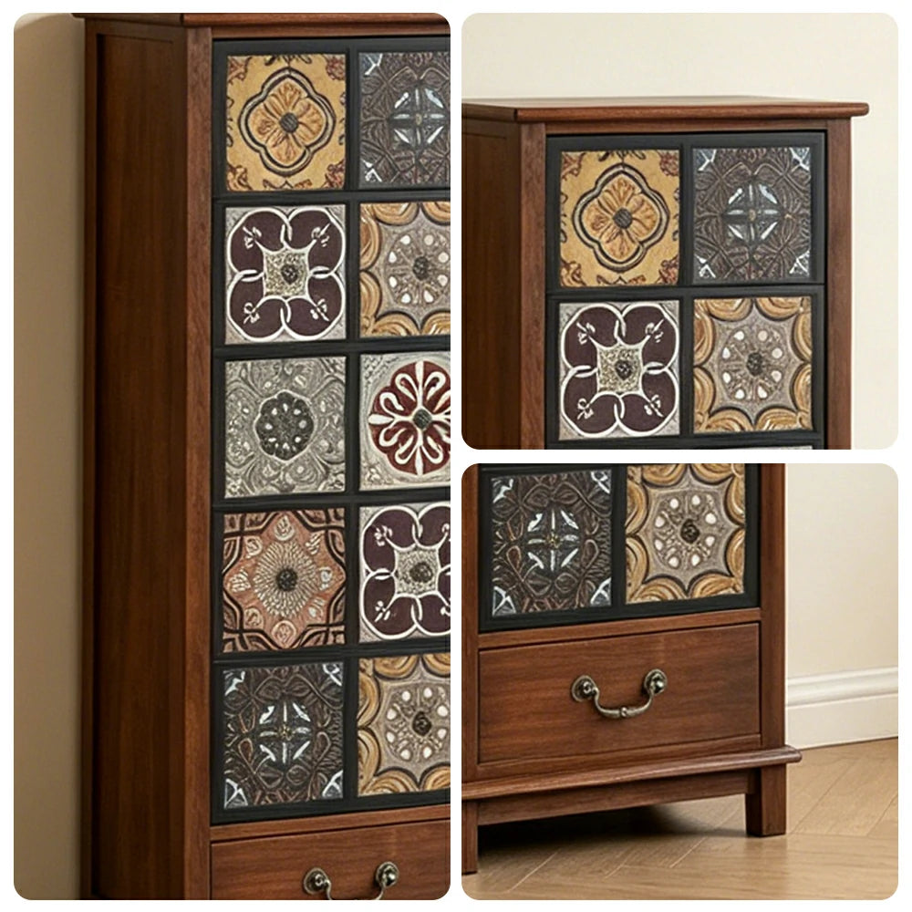 LIVARA American Vintage Storage Cabinet - Solid Wood Painted Drawer Chest with Slim Design - 118cm Entryway Side Cabinet - Chestnut