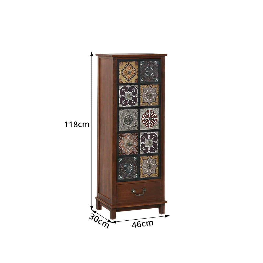LIVARA American Vintage Storage Cabinet - Solid Wood Painted Drawer Chest with Slim Design - 118cm Entryway Side Cabinet - Chestnut