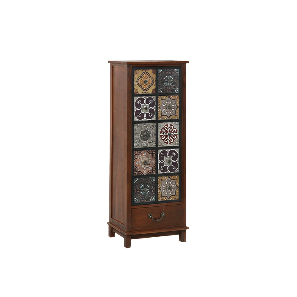 LIVARA American Vintage Storage Cabinet - Solid Wood Painted Drawer Chest with Slim Design - 118cm Entryway Side Cabinet - Chestnut