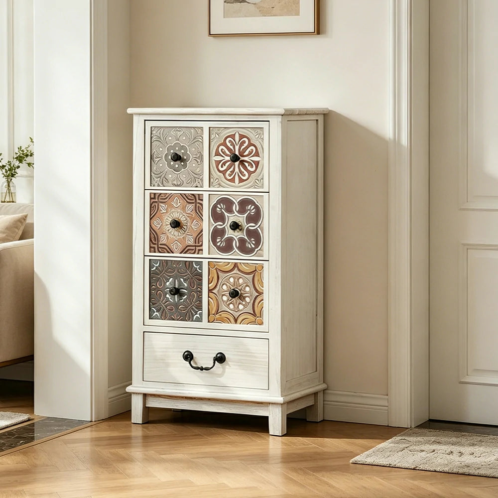 LIVARA American Vintage Storage Cabinet - Solid Wood Painted Drawer Chest with Slim Design - 83cm Entryway Side Cabinet - White