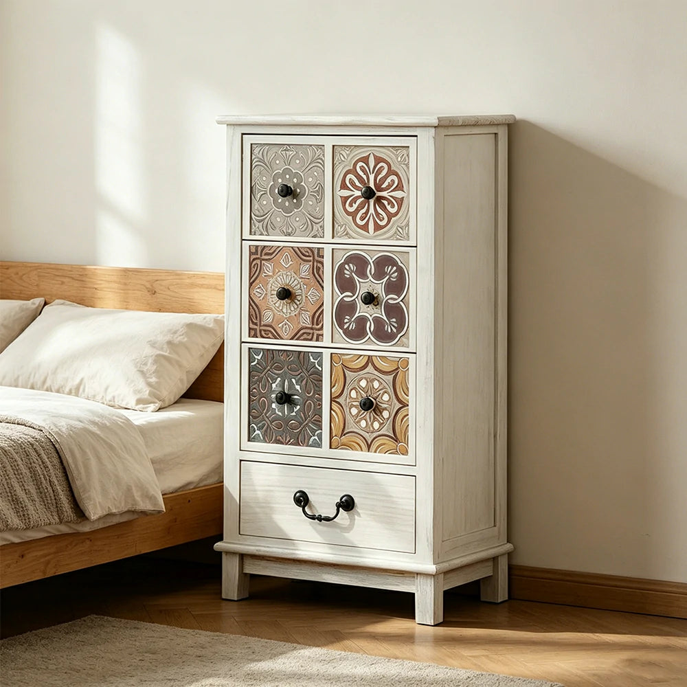 LIVARA American Vintage Storage Cabinet - Solid Wood Painted Drawer Chest with Slim Design - 83cm Entryway Side Cabinet - White