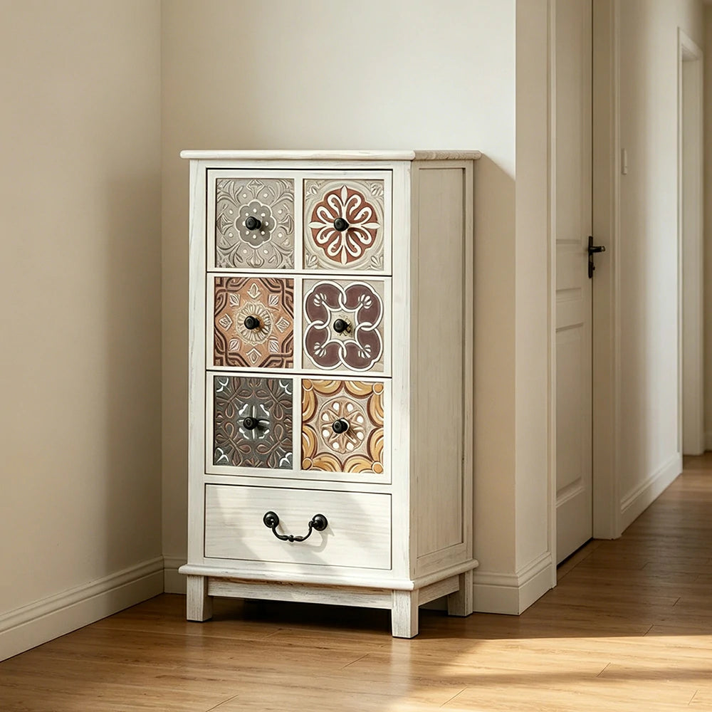 LIVARA American Vintage Storage Cabinet - Solid Wood Painted Drawer Chest with Slim Design - 83cm Entryway Side Cabinet - White