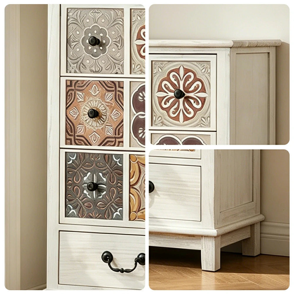 LIVARA American Vintage Storage Cabinet - Solid Wood Painted Drawer Chest with Slim Design - 83cm Entryway Side Cabinet - White