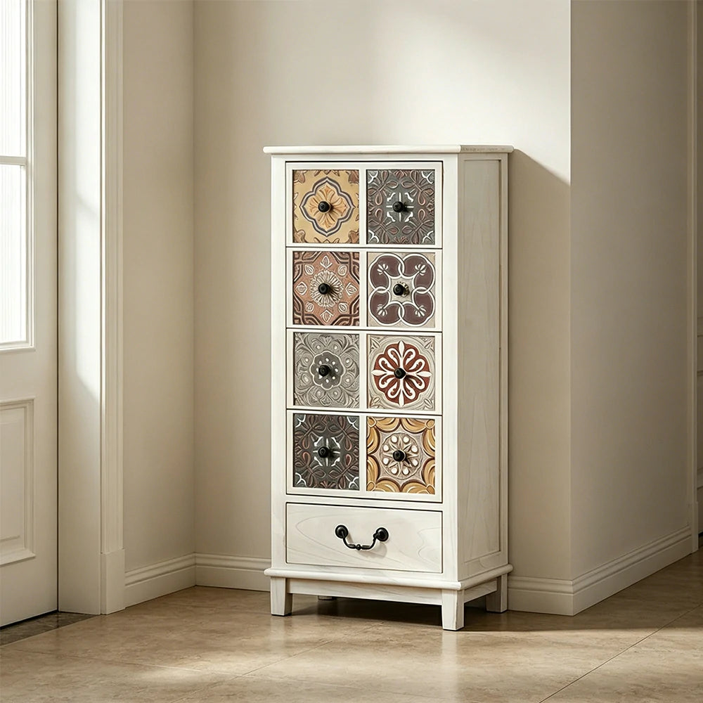 LIVARA American Vintage Storage Cabinet - Solid Wood Painted Drawer Chest with Slim Design - 101cm Entryway Side Cabinet - White