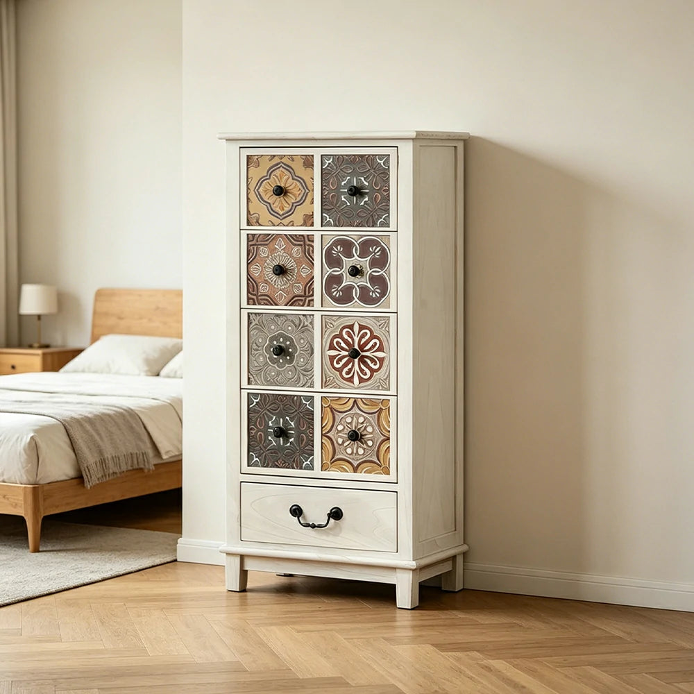 LIVARA American Vintage Storage Cabinet - Solid Wood Painted Drawer Chest with Slim Design - 101cm Entryway Side Cabinet - White