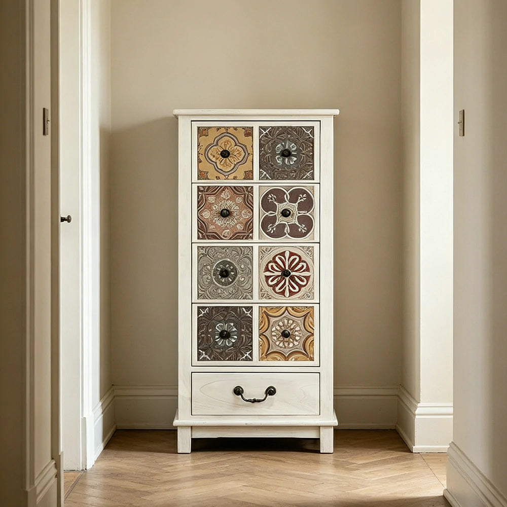 LIVARA American Vintage Storage Cabinet - Solid Wood Painted Drawer Chest with Slim Design - 101cm Entryway Side Cabinet - White