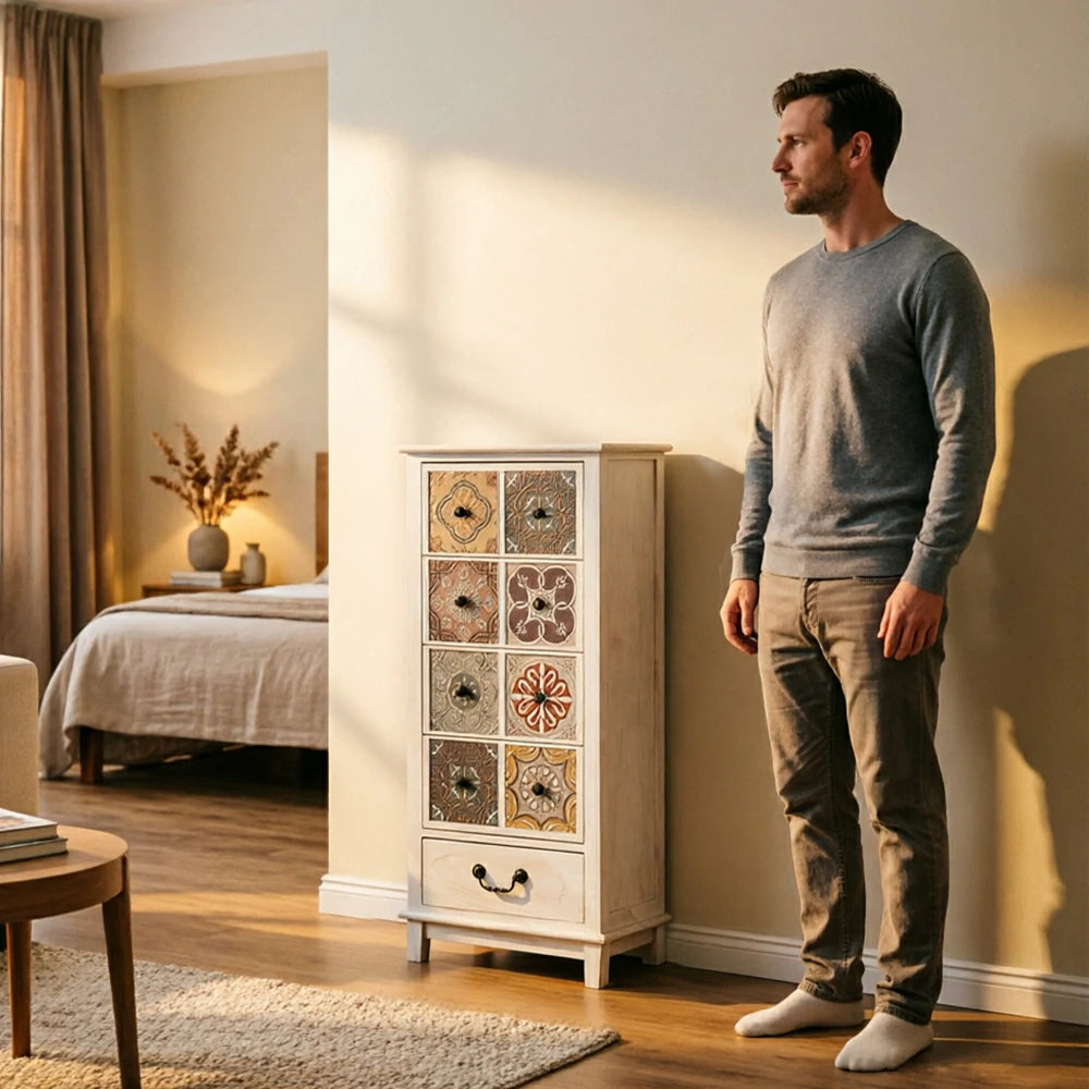 LIVARA American Vintage Storage Cabinet - Solid Wood Painted Drawer Chest with Slim Design - 101cm Entryway Side Cabinet - White