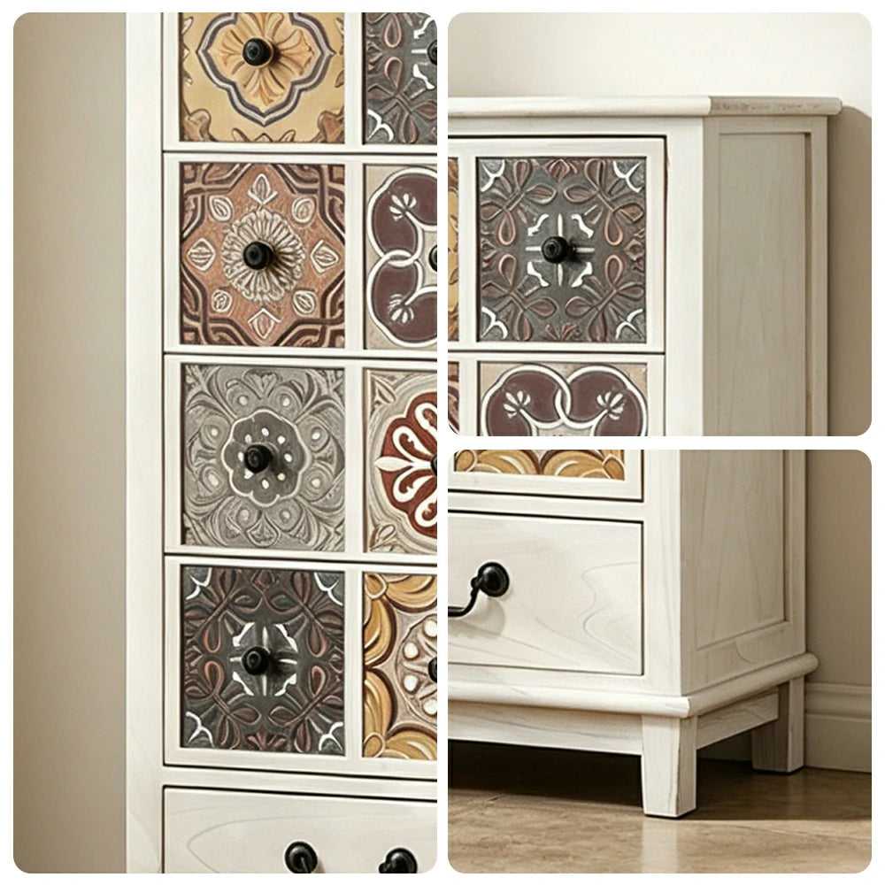 LIVARA American Vintage Storage Cabinet - Solid Wood Painted Drawer Chest with Slim Design - 101cm Entryway Side Cabinet - White