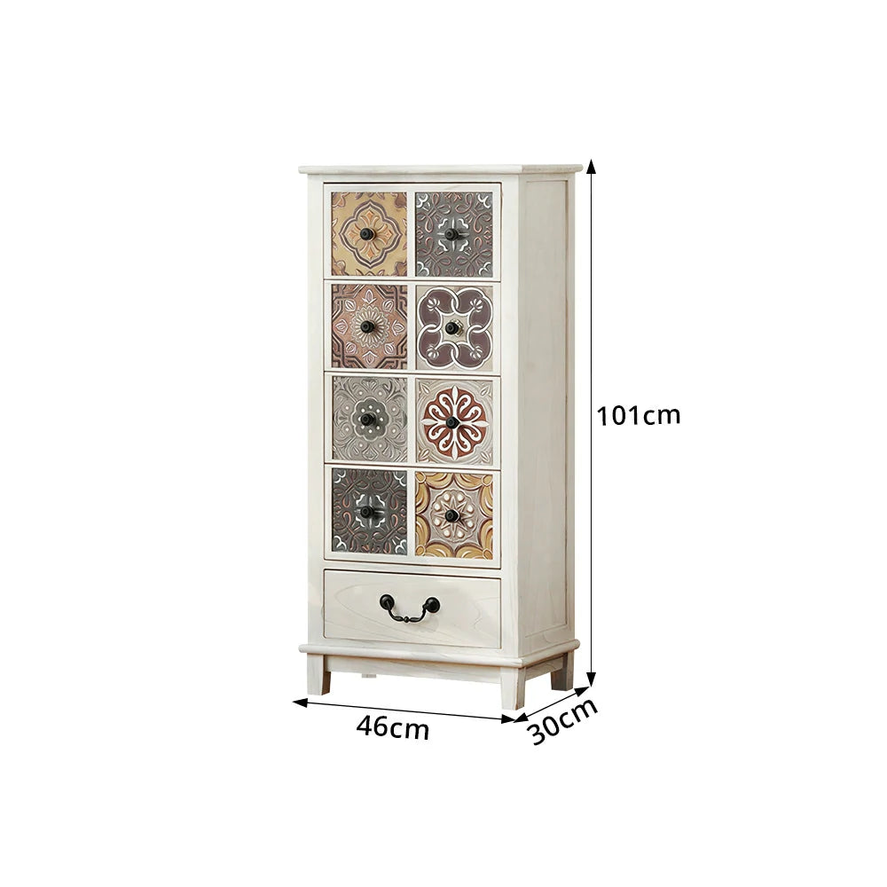LIVARA American Vintage Storage Cabinet - Solid Wood Painted Drawer Chest with Slim Design - 101cm Entryway Side Cabinet - White