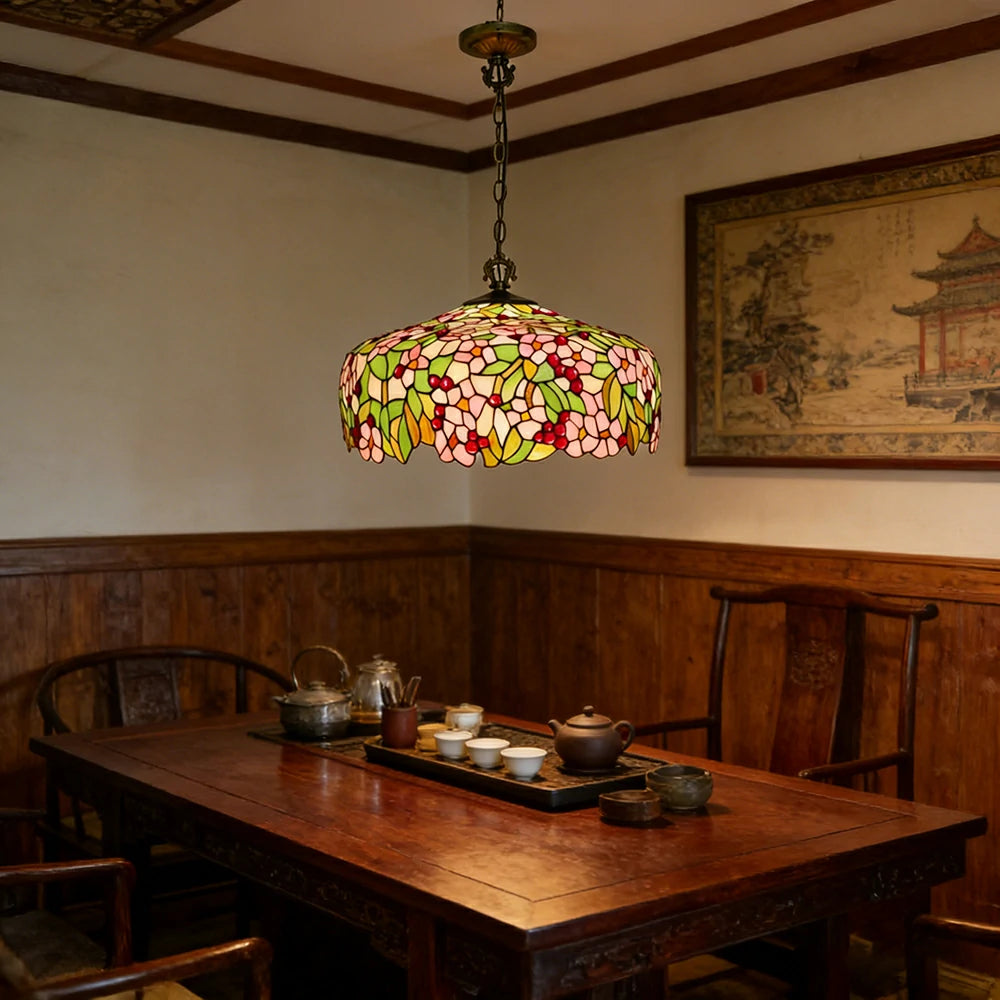 LIVARA Peach Blossom Pattern Pendant Light European Vintage Hanging Lamp Adjustable Chain Ceiling Light for Dining Room Living Room