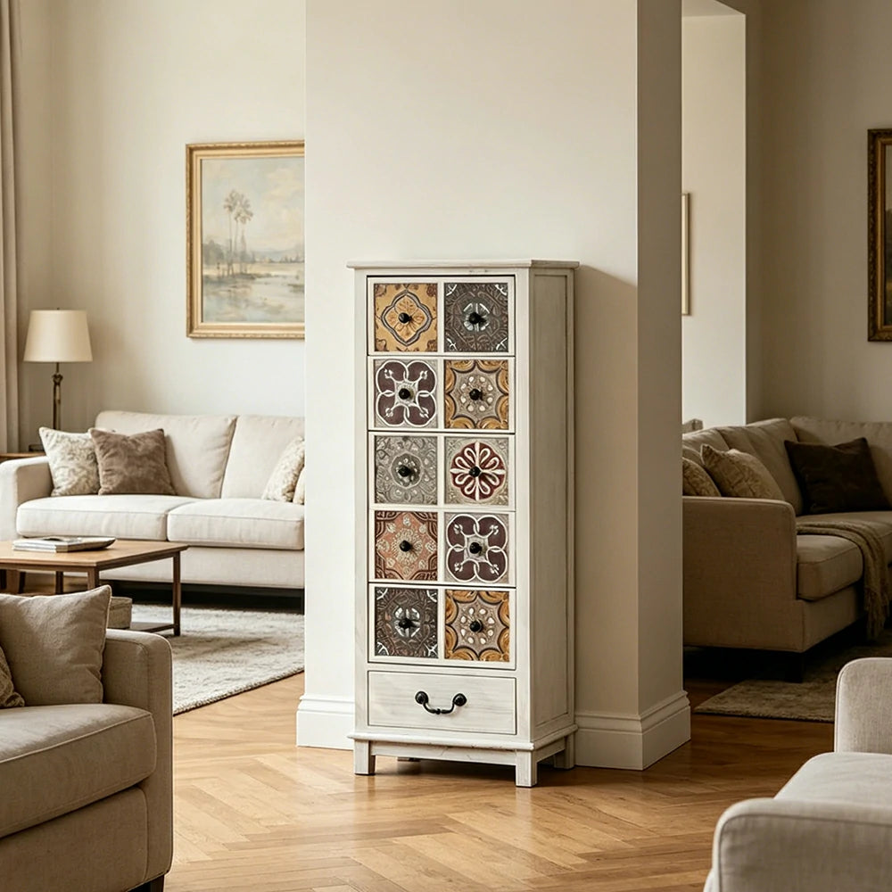 LIVARA American Vintage Storage Cabinet - Solid Wood Painted Drawer Chest with Slim Design - 118cm Entryway Side Cabinet - White
