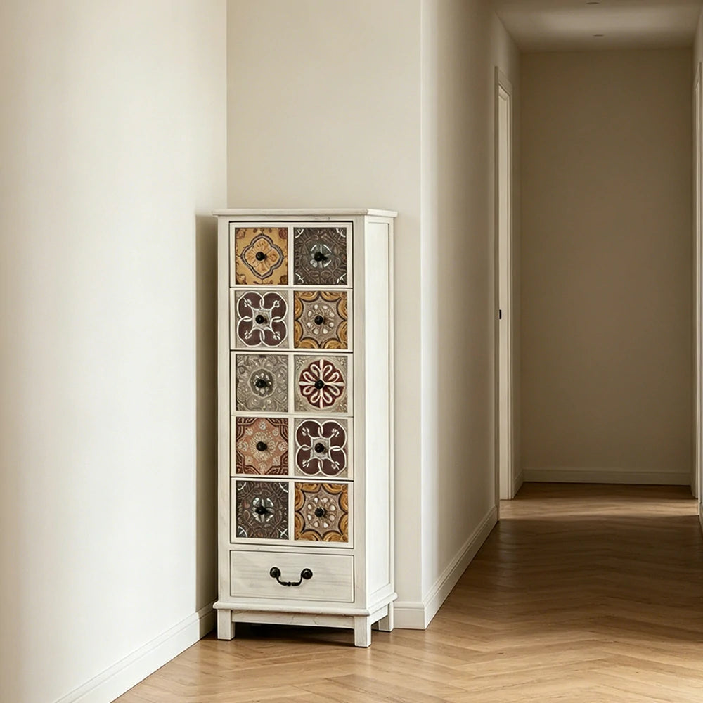 LIVARA American Vintage Storage Cabinet - Solid Wood Painted Drawer Chest with Slim Design - 118cm Entryway Side Cabinet - White