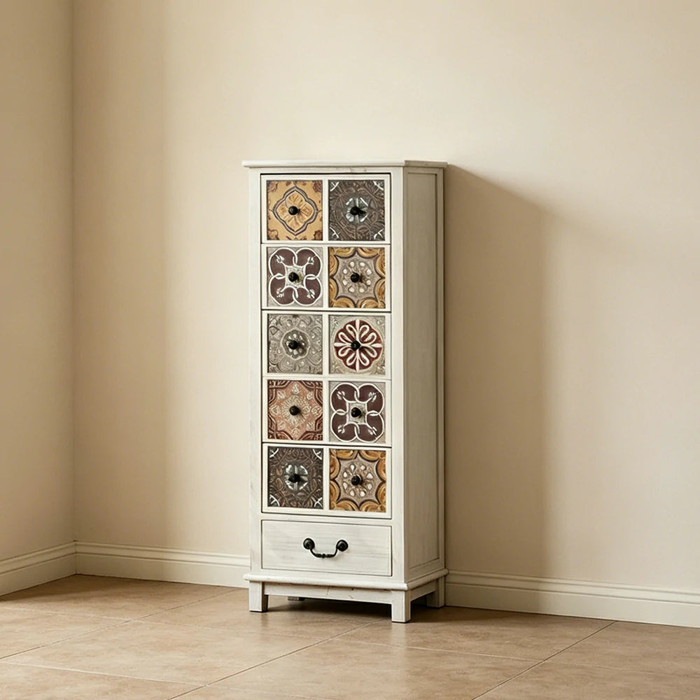 LIVARA American Vintage Storage Cabinet - Solid Wood Painted Drawer Chest with Slim Design - 118cm Entryway Side Cabinet - White
