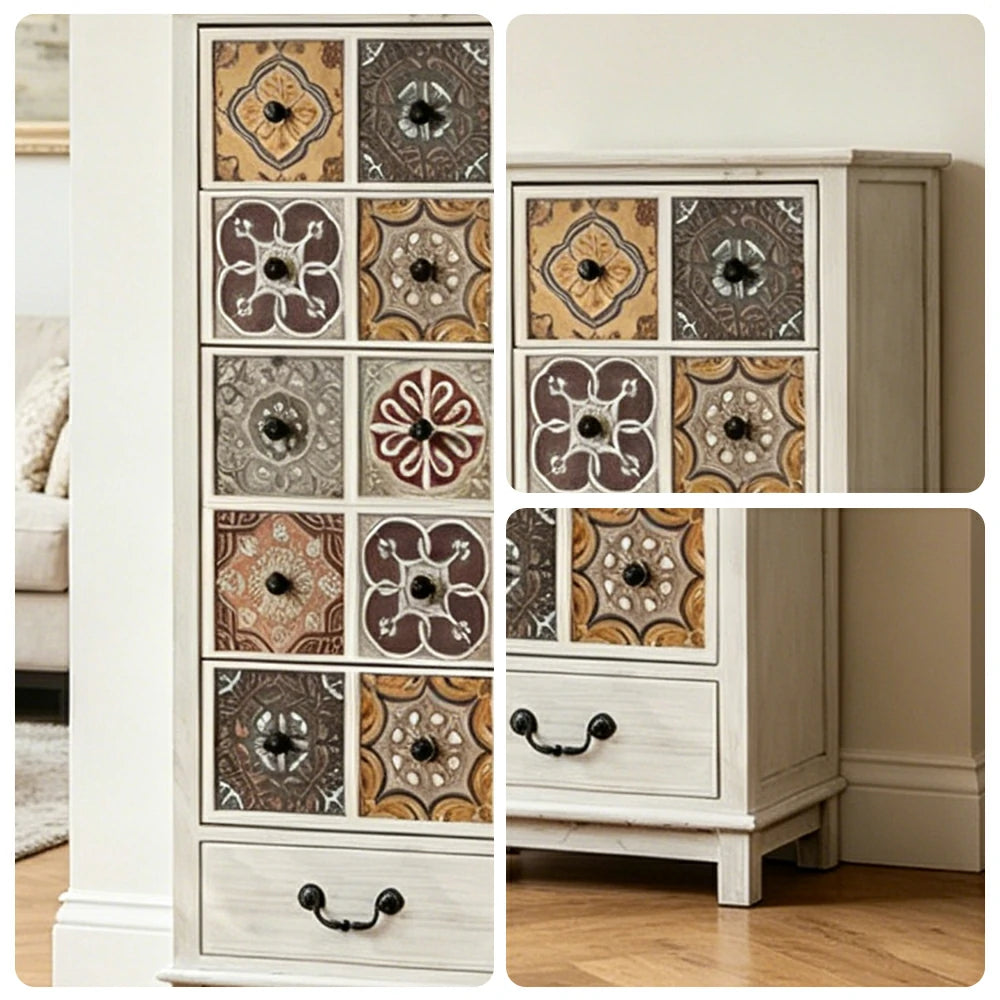 LIVARA American Vintage Storage Cabinet - Solid Wood Painted Drawer Chest with Slim Design - 118cm Entryway Side Cabinet - White