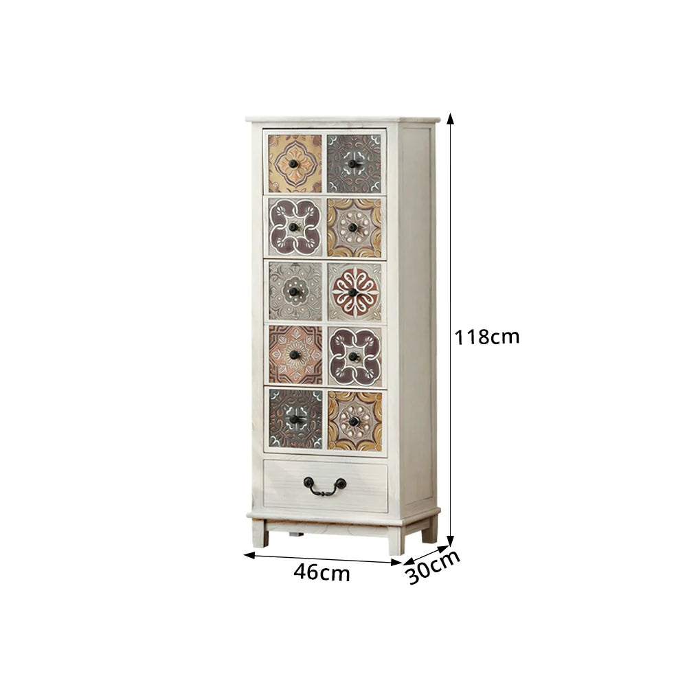 LIVARA American Vintage Storage Cabinet - Solid Wood Painted Drawer Chest with Slim Design - 118cm Entryway Side Cabinet - White