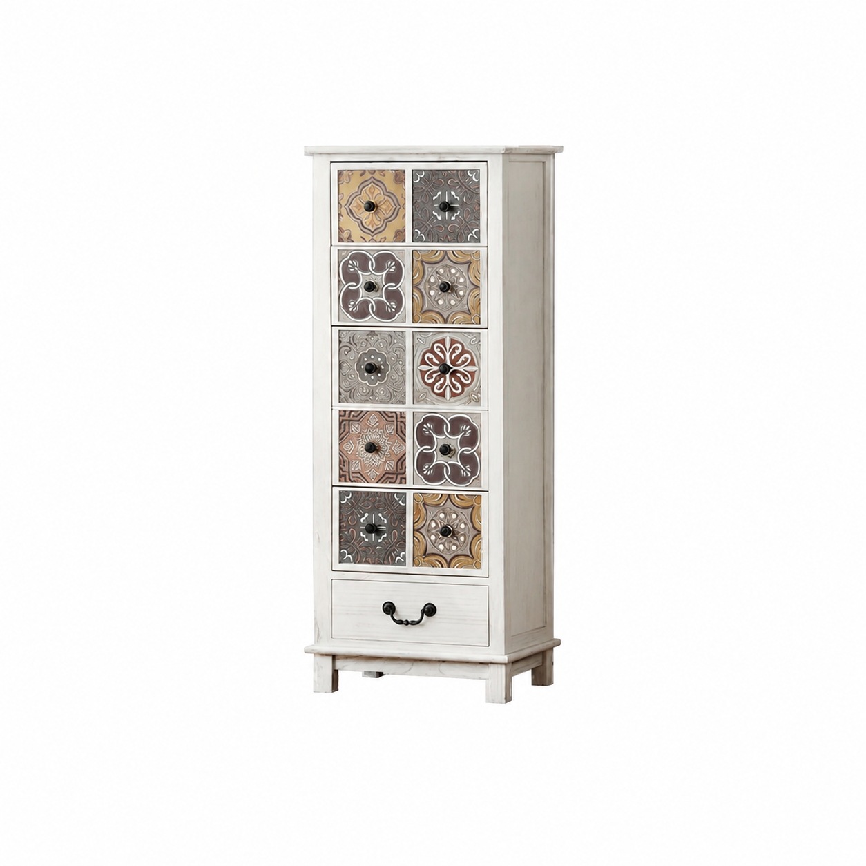 LIVARA American Vintage Storage Cabinet - Solid Wood Painted Drawer Chest with Slim Design - 118cm Entryway Side Cabinet - White