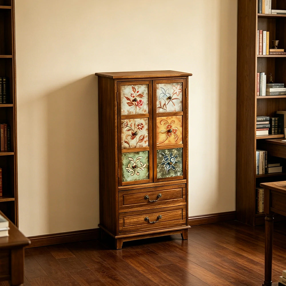 LIVARA American Vintage Painted Cabinet - Multi-Layer Storage Cupboard with Metal Handles - 111cm Entryway Cabinet - Burnt Brown