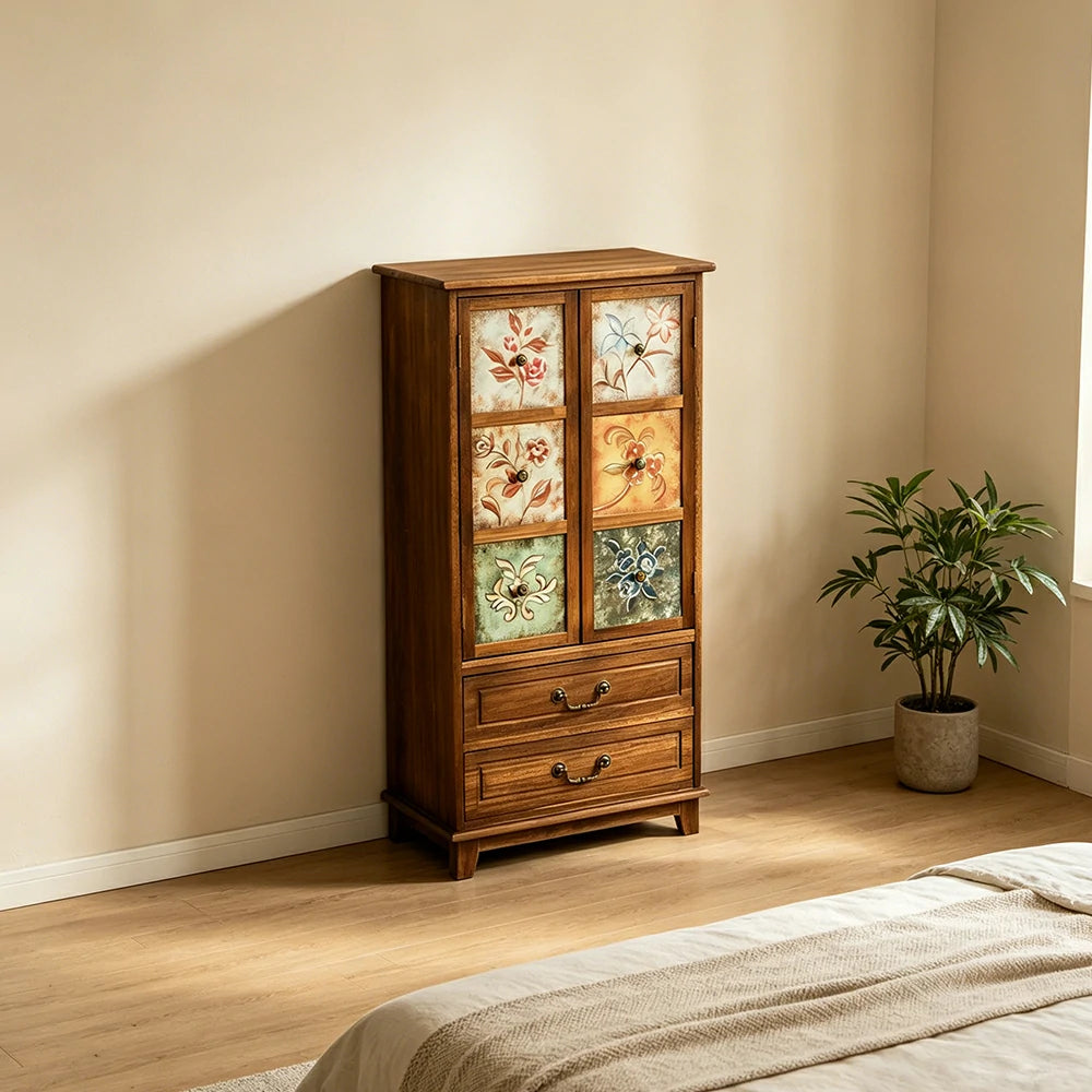 LIVARA American Vintage Painted Cabinet - Multi-Layer Storage Cupboard with Metal Handles - 111cm Entryway Cabinet - Burnt Brown