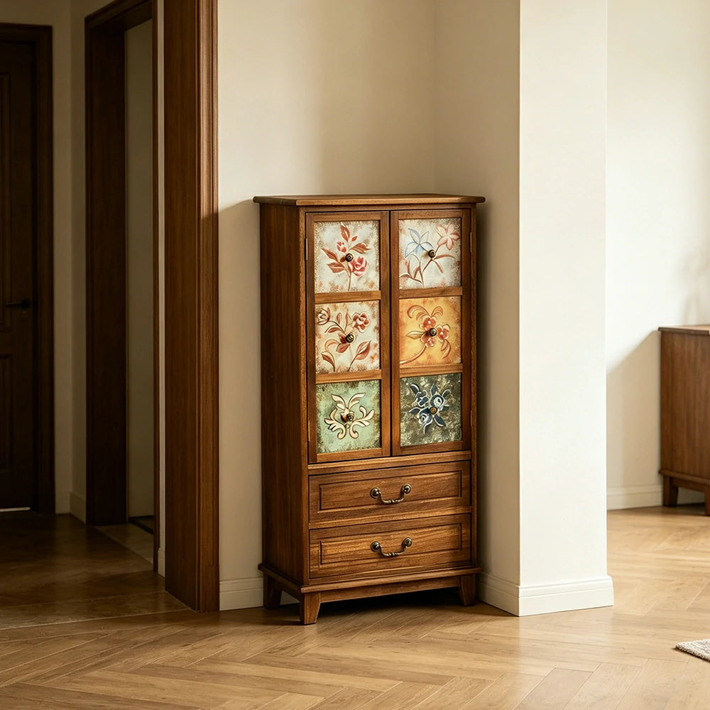 LIVARA American Vintage Painted Cabinet - Multi-Layer Storage Cupboard with Metal Handles - 111cm Entryway Cabinet - Burnt Brown