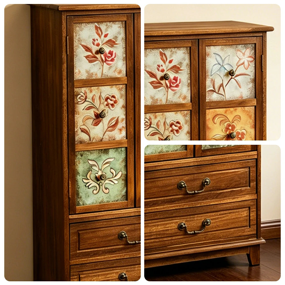 LIVARA American Vintage Painted Cabinet - Multi-Layer Storage Cupboard with Metal Handles - 111cm Entryway Cabinet - Burnt Brown