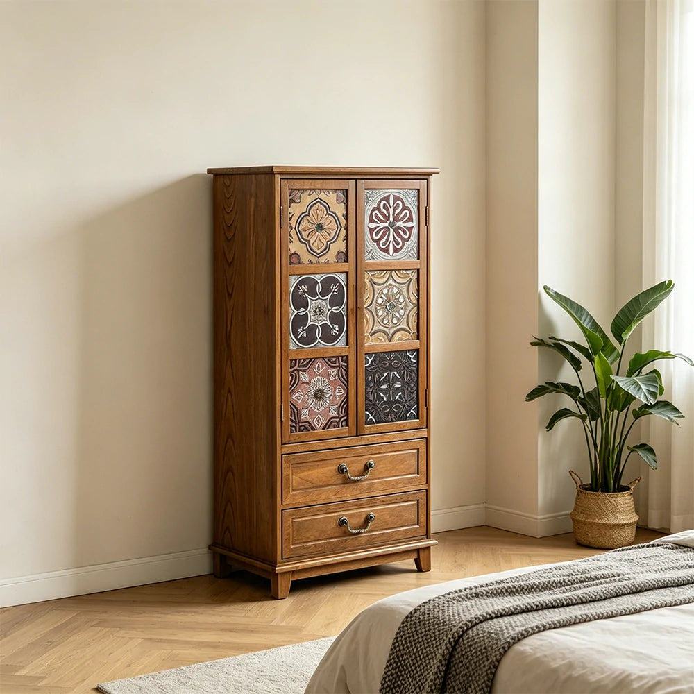 LIVARA American Vintage Painted Cabinet - Multi-Layer Storage Cupboard with Metal Handles - 111cm Entryway Cabinet - Brown