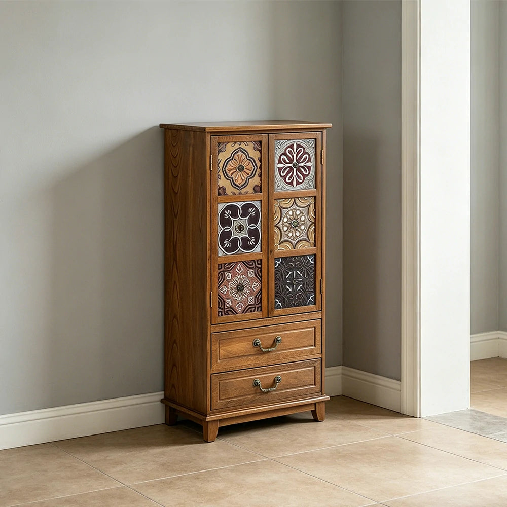 LIVARA American Vintage Painted Cabinet - Multi-Layer Storage Cupboard with Metal Handles - 111cm Entryway Cabinet - Brown