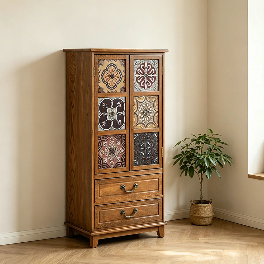 LIVARA American Vintage Painted Cabinet - Multi-Layer Storage Cupboard with Metal Handles - 111cm Entryway Cabinet - Brown