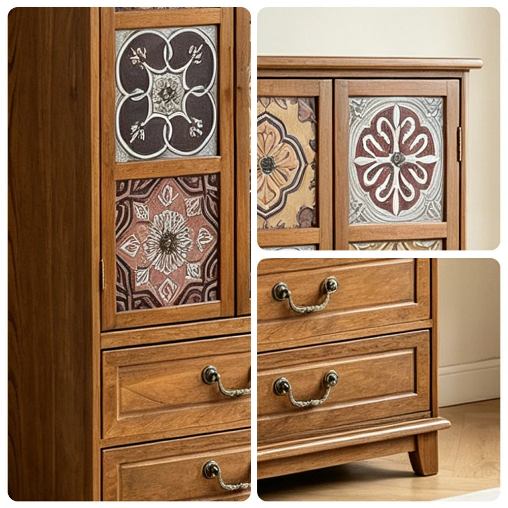 LIVARA American Vintage Painted Cabinet - Multi-Layer Storage Cupboard with Metal Handles - 111cm Entryway Cabinet - Brown