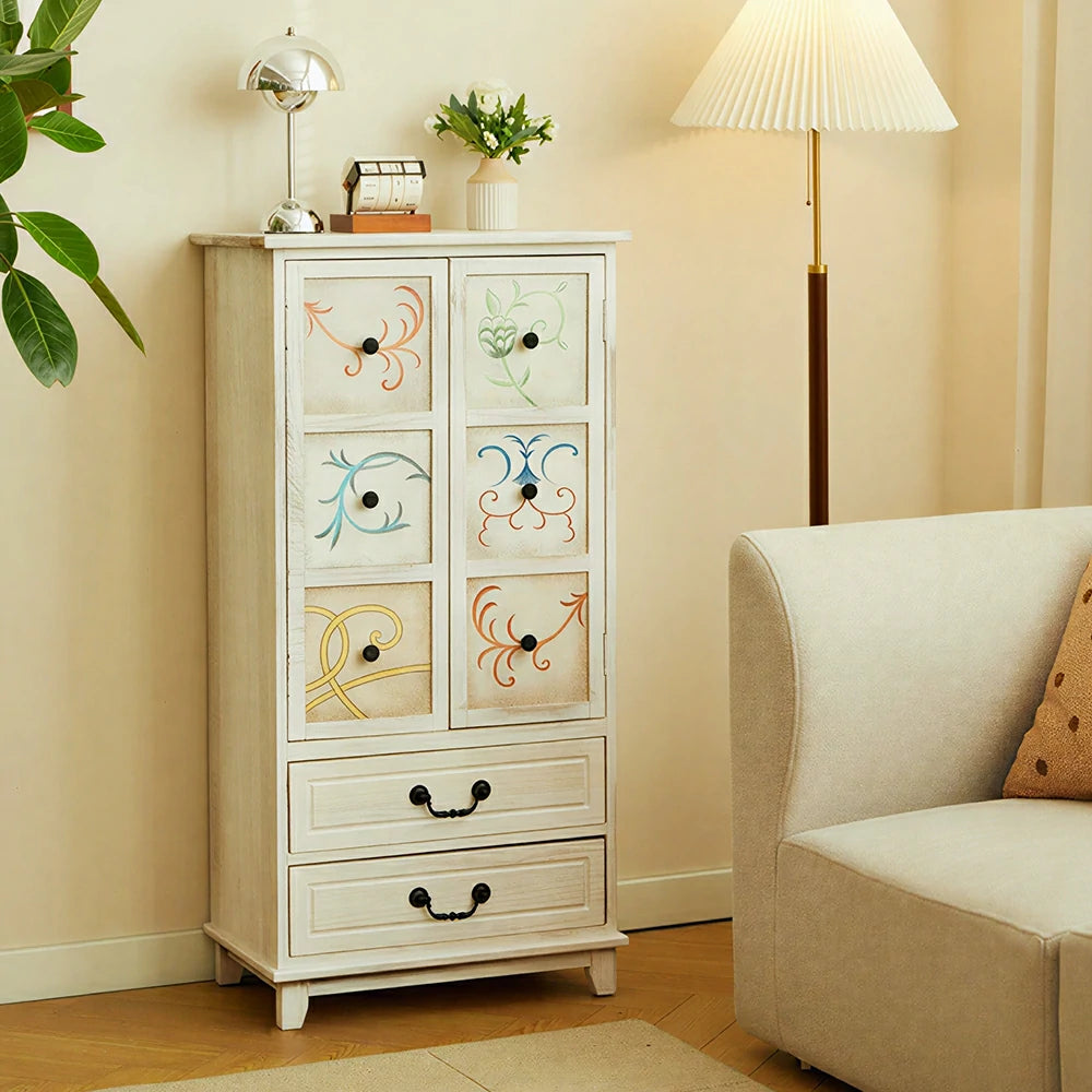 LIVARA American Vintage Painted Cabinet - Multi-Layer Storage Cupboard with Metal Handles - 111cm Entryway Cabinet - White