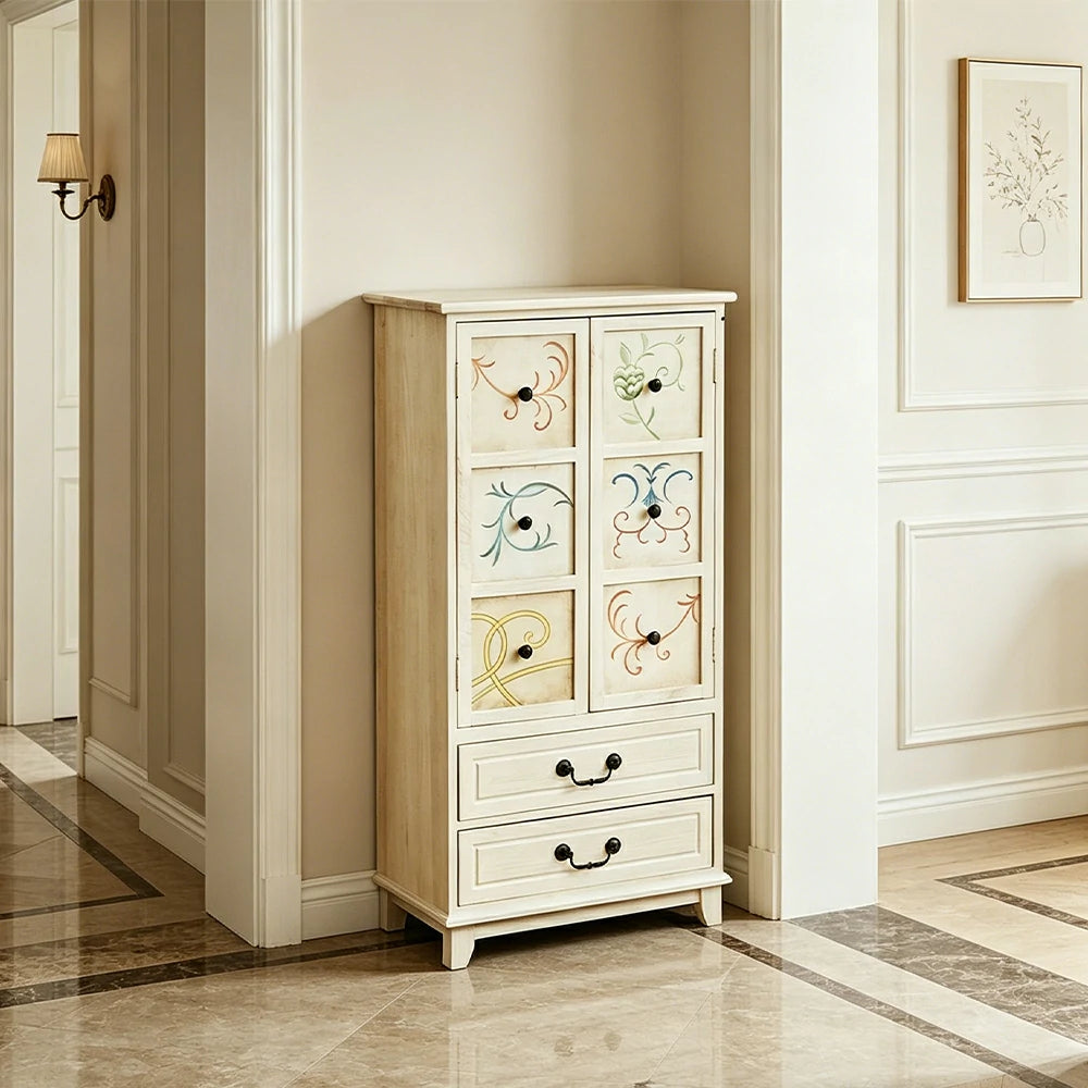 LIVARA American Vintage Painted Cabinet - Multi-Layer Storage Cupboard with Metal Handles - 111cm Entryway Cabinet - White